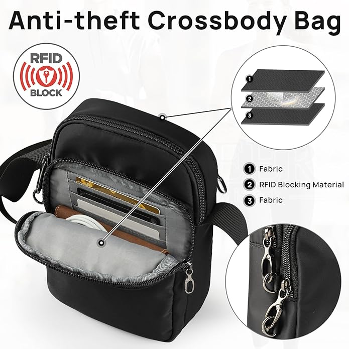 VADOO Sling Bag for Men Women, Anti Theft Crossbody Bag with Zipper Lock, RFID Blocking & Waterproof for Travel Casual