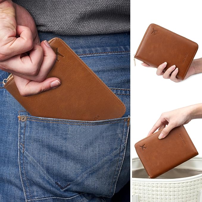 defway Passport Holder Travel Wallet - RFID Blocking Passport Holder Wallet, Full Zip Travel Card Cover with RFID Protection, Multi Slot Organizer for Cards Cash Documents Travel Essentials (Brown)
