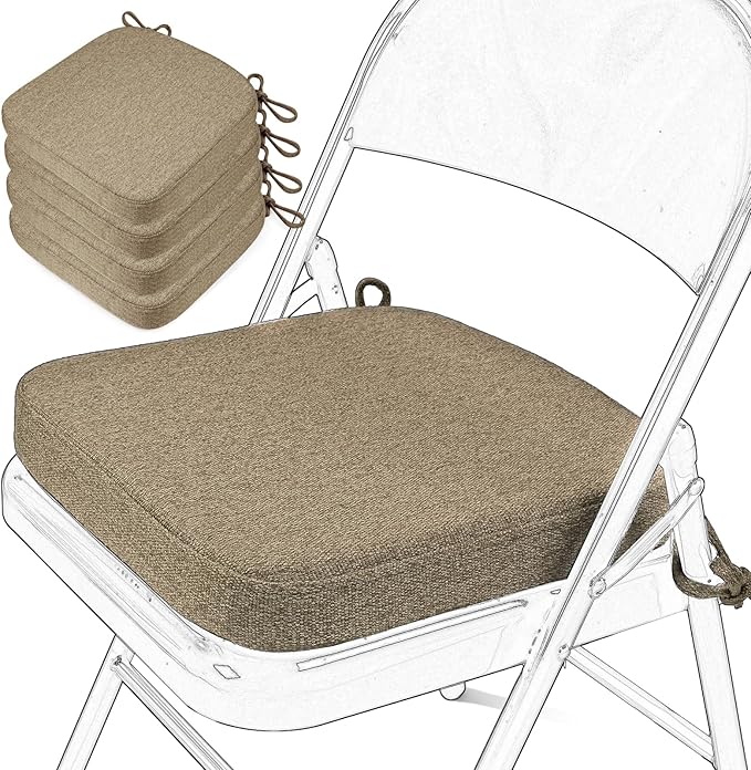 SINOSSO Memory Foam Chair Cushions for Folding Chairs 4 Pack, Thickened 2" Square Pads with Ties for Kitchen Chairs, Indoor Non-Slip Dining Chair Seat Cushions (4 Pcs, Linen)