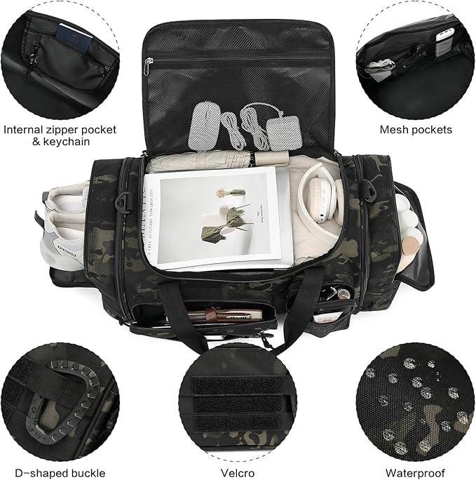 3 in 1 Tactical Gym Bag Backpack for Men 40-45L Expandable Travel Duffle Bag for Women Large Military Sport Duffel Bags Weekend Overnight with Shoe Compartment & Wet Pocket for Fitness, Camo