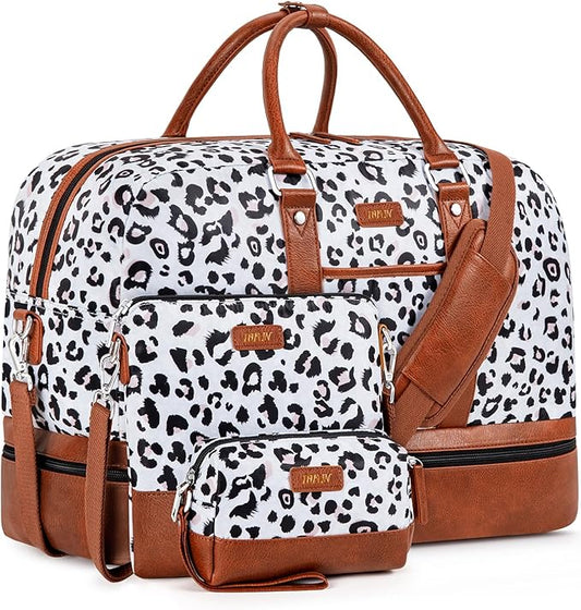 Weekender Bag for Women, Large Overnight Bag Canvas Travel Duffel Bag Carry On Tote with Shoe Compartment 21" 3Pcs Set