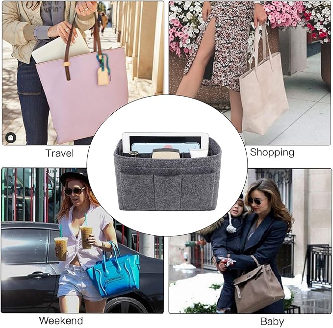 ZTUJO Purse Organizer Insert, Felt Bag Organizer For Handbag Purse Organizer,13 Colors, 6 Size (Slender Medium, Grey)