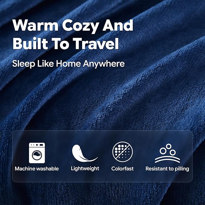 Travel Blanket, Soft 2-in-1 Airplane Blanket, 65x40 Inches, Travel Essentials Car Blanket with Luggage Sleeve & Backpack Clip (Navy Blue)