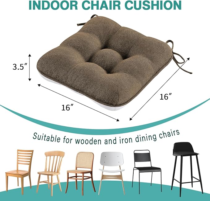 BETU Chair Cushions for Dining Chairs Set of 6,3.5" Thick Kitchen Table Chair Pads with Ties,Non Slip Backing and Covers, Seat Cushion for Dining Room,Bar,Patio Chairs,16"X16"X3.5",Brown