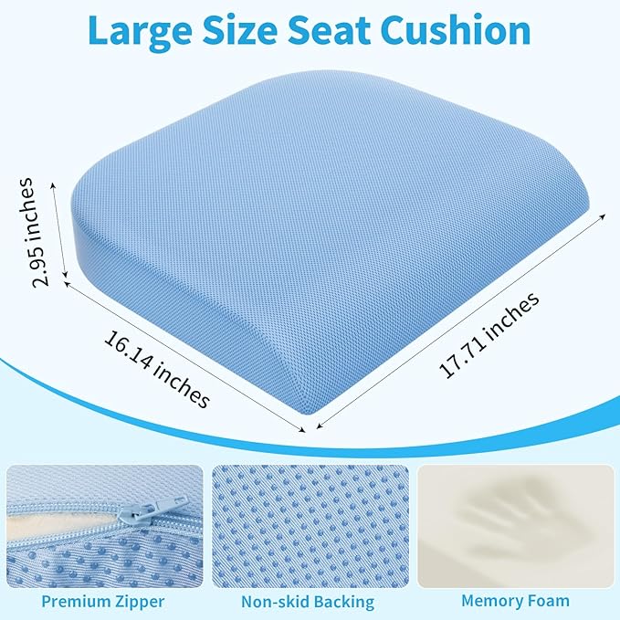 Large Seat Cushion, Memory Foam Cushion for Long Sitting Hours on Office Chair, Home & Car, Non-Slip Chair Pad for Relieving Back & Sciatica & Hip & Coccyx Pain (Light Blue)