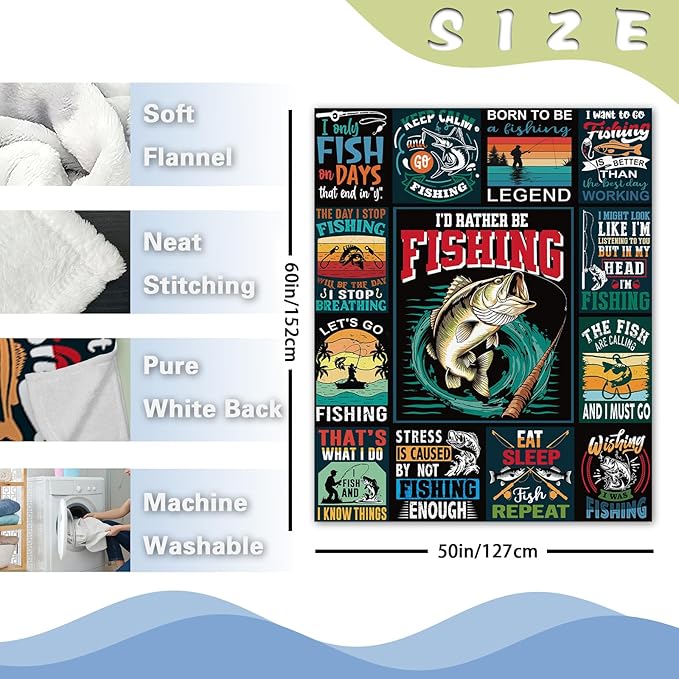 Fishing Gifts for Men Flannel Throw Blanket, Funny Present for Fisherman Hunter Dad Husband Kids Boys Women, Bass Fish Birthday Ideas, Humor Soft Blankets for Bedding Sofa 50"x60"