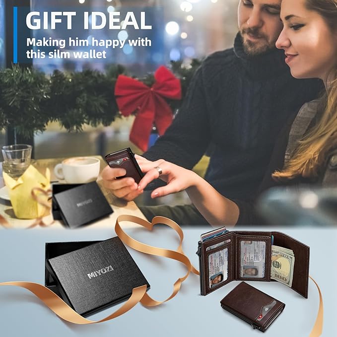 miyozi Wallet for Men,with Cash Pocket 2 ID Window 9-13 Cards,Metal Case Smart Slim Pop Up Credit Card Holder Flip with Magnetic Closure RFID Blocking Trifold wallet with Gift Box