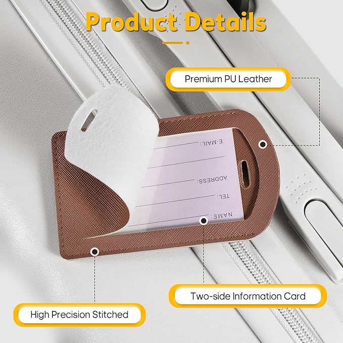 3 Pack Luggage Tags for Suitcases, TSA Approved Bag Tags, Baggage Tags with Privacy Protection, Travel Essentials Luggage Accessories, Coffee Brown