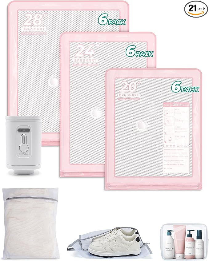 BAGSMART Vacuum Storage Bags with Portable Pump, Travel Space Saver Bags for Clothes, Heavy Duty Compression Bags for Storage, Vacuum Seal Bags with Hand Pump, Travel Essentials for Packing-Pink