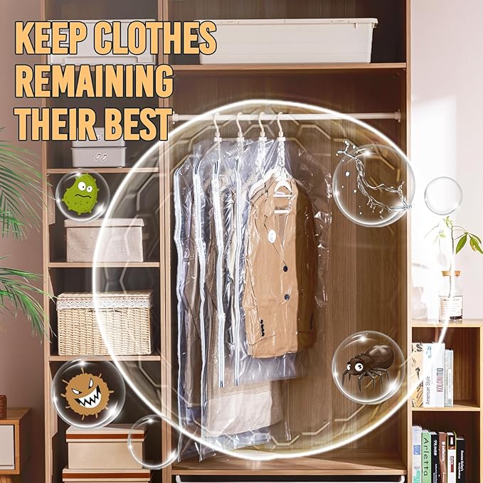 AILI Hanging Vacuum Sealer Suction Space Saver Storage Bags for Clothes Travel with Electric Air Pump And Rolling Slide Clip for Coats, Closet Organizers, 6 Long