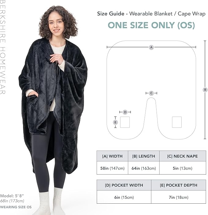 Berkshire Blanket Primalush™ Wearable Blanket, Cozy Loungewear Pocketed Plush Cape Wrap for Adults & Teens(Black, One Size 58"X64")
