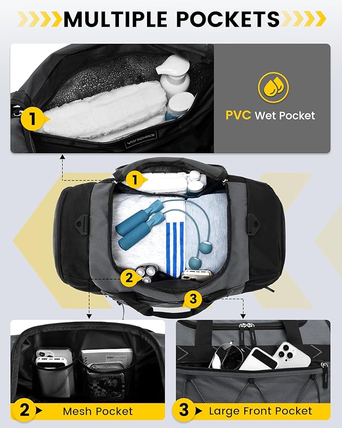 Vorspack Gym Bag for Men - 21 Inches Duffle Bag for Travel Water-resistant Travel Bag with Shoe Compartment Wet Pocket Duffel Bag for Gym Sports Travel Weekender Overnight - Grey