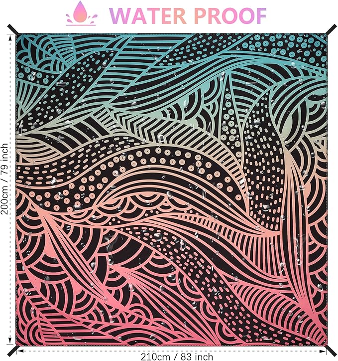 HIHOHO Beach Blanket Waterproof Sandproof Beach Mat for 1-8 Adults Quick Drying Durable Outdoor Picnic Mat for Beach Festival Travel Camping Hiking (Gradiant BK-Ripple, 79"×83"(4 Person))