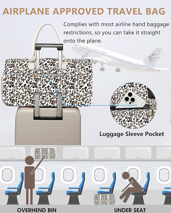 Women Weekender Travel Duffle Bag: Travel Duffel Overnight Bags with Shoe Compartment Large Carry on Tote with Toiletry Bag Weekend Traveling Yoga Gym Hospital Bag for Women with Wet Pocket Leopard