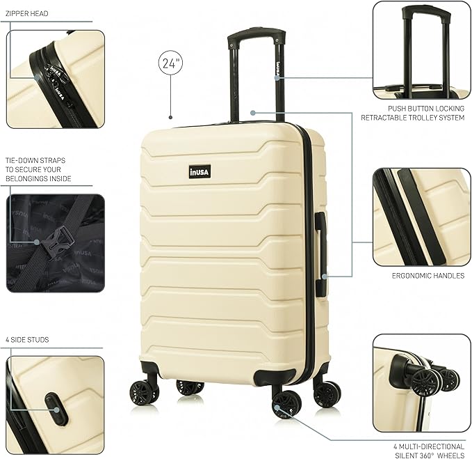 InUSA TREND Luggage with Spinner Wheels | Durable lightweight Hardside Suitcase, Travel bag with Handle and Trolley, 24-Inch Medium Checked luggage | Sand