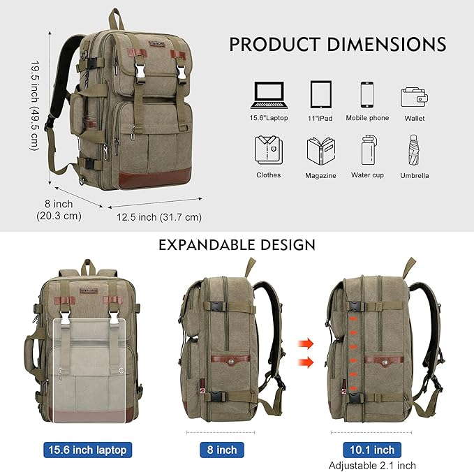 WITZMAN Canvas Travel Backpack for Men Large Laptop Backpack Fit 16 inch Carry-on Airline Approved Convertible Shoulder Rucksack(A6617-3 Army Green)