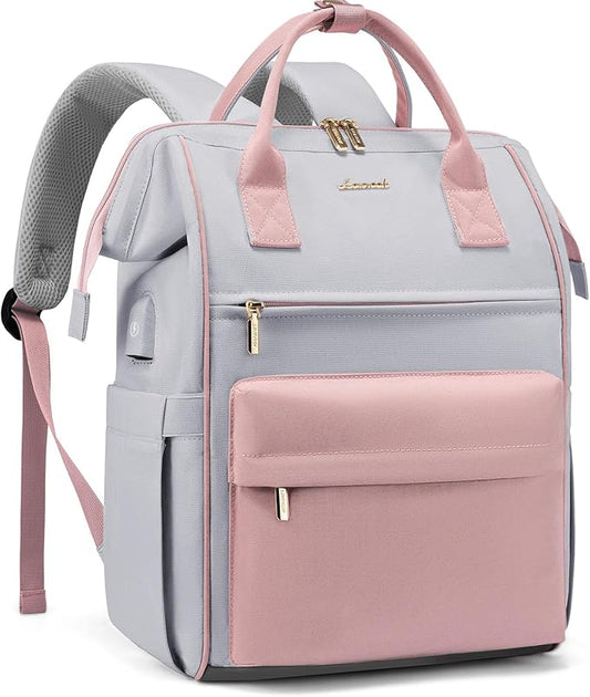 LOVEOVOOK 15.6 Inch Laptop Backpack for Women, Large Capacity Travel Backpack with USB Charging Port, Waterproof Work Backpack for Business, College, Nursing & Airline Travel,Pink&Gray