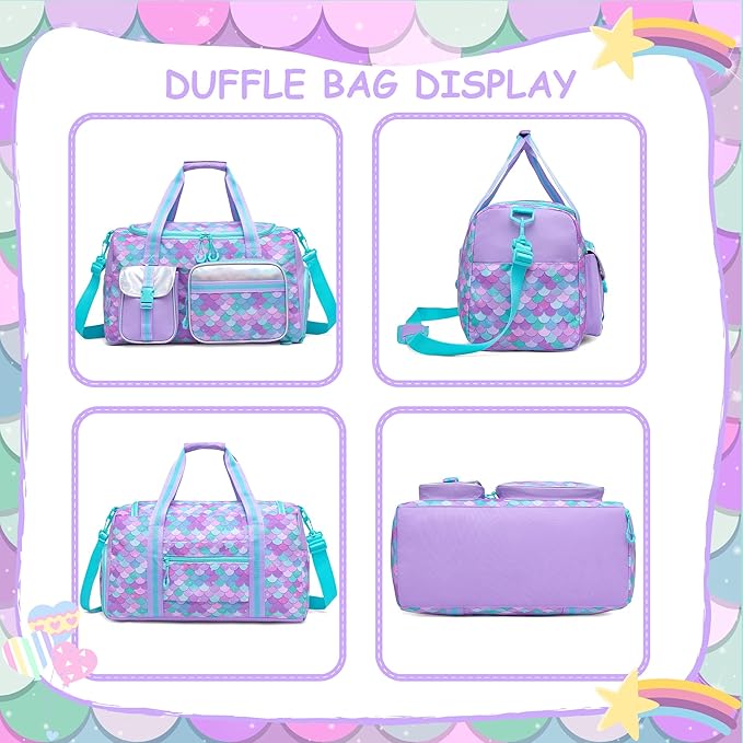 Mermaid Kids Duffle Bag Girls Gym Bag for Girls Kids Travel Dance Bags for Girl Overnight Weekender Bags for Kid with Shoe Compartment
