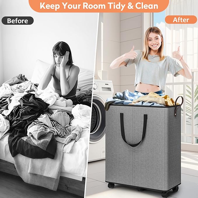 Laundry Basket with Wheels, Collapsible Laundry Baskets, Laundry Hamper with Handles Detachable Wheels, Rolling Laundry Basket, Dirty Clothes Hamper for Bathroom, Dorm, Bedroom, Grey, 155L