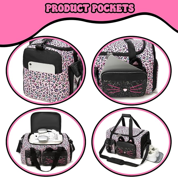 Kids Duffle Bag Girls Travel Bag Gifts for Girls Cat Gymnastics Dance Bags for Kids Overnight Sleepover Bags for Girl with Shoes Compartment