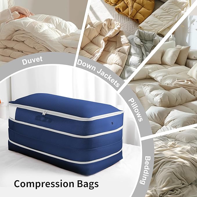 Comforter Storage Bag - Large Capacity Bedding Storage Bags Ultra Space Saving Self Compression Organizer, Washable Compression Bags for Storage Comforter Blanket Duvet, 6-Pack, Navy Blue