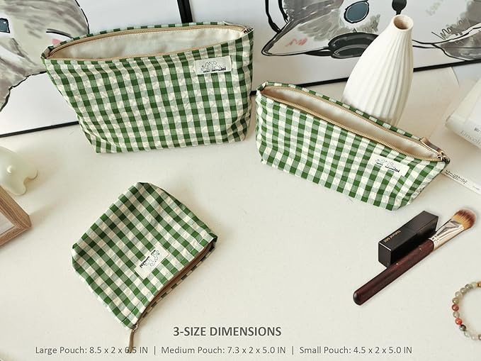 HAPPYHEIDI Large Cute Green Checker Makeup Bag with Compartment Cosmetic Travel Pouch, Nylon Fabric, Purse Organizer, Canvas Lined, Beige Plaid