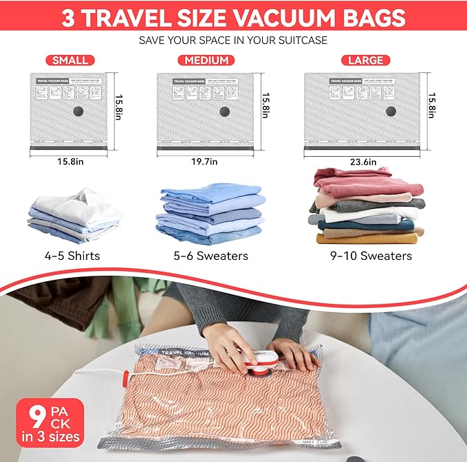 Travel Vacuum Bags with USB and TYPE C Pump Pump,9 Pack Vacuum Storage Bags,vacuum for bags storage, Powerful -58KPa Suction for Luggage,Travel and Home Use for Clothes and Blankets（Red）