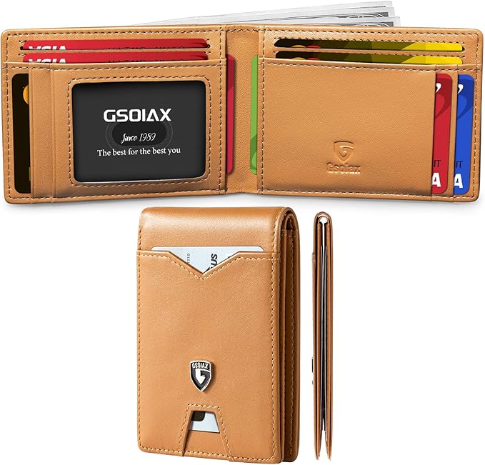 GSOIAX Slim Wallet for Men Rfid Blocking Leather Bifold Front Pocket Carbon Fiber Credit Card Holder Novelty Wallets With Gift Box (Brown)