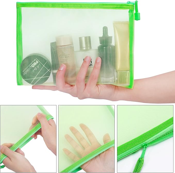 12 Pieces Zipper Nylon Mesh Pouch, Mesh Cosmetic Bags Makeup Bags Pencil Case, Multipurpose Travel Bags for Cosmetic School Office Supplies and Travel Accessories (Green, A5+B6)