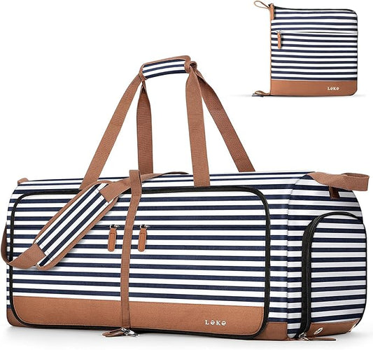 Lekesky Foldable Travel Duffle Bag for Women, 60L Large Duffel Bag with Separate Shoes Compartments & Straps, Carry On Weekend Bag for Women, Hospital, Overnight (Blue Stripes)