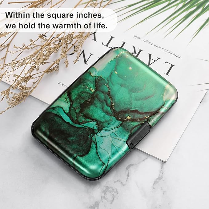 ELFISH Mini RFID Aluminum Wallet Credit Cards Holder Business Card Case Metal ID Case for Men Women (Greenblack Marble)