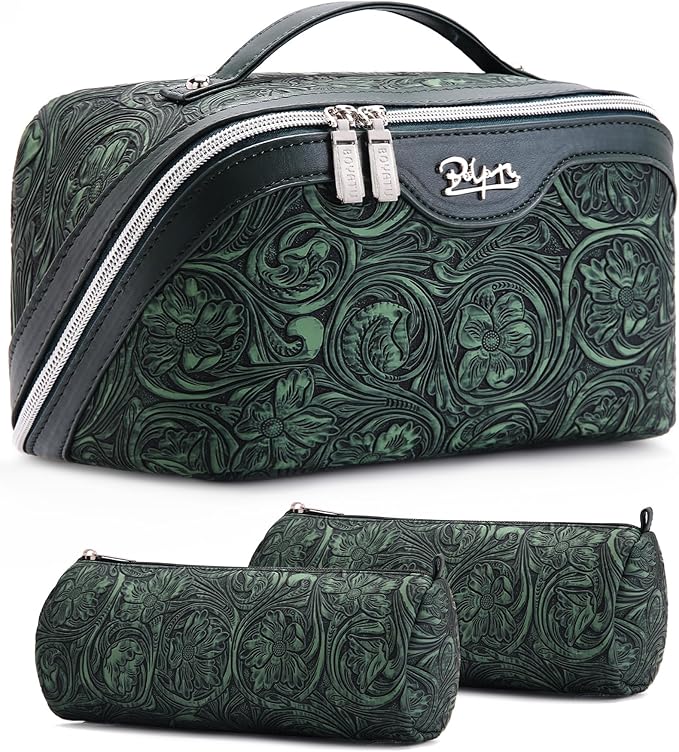 BOYATU Travel Makeup Bags Cosmetic Organizer Bag: 3 Pcs Set Large Capacity Floral Make up Bag with Compartments - Waterproof Leather Toiletry Bags with Handle for Women (18-Green)