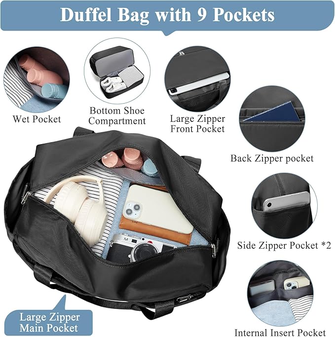Travel Duffel Bags for Women, Carry-on Overnight Weekender Bag with Wet Pocket & Toiletry Bag, For Spirit Airlines 18x14x8 Personal Item Bag