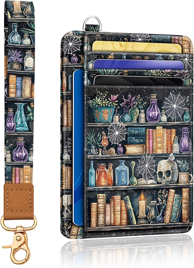 Goth Book Credit Card Holder Wristlet Wallet for Women, RFID Small Wallet Keychain Lanyard, Funny Skull Gothic Travel Cute Thin Front Pocket Case Organizer with ID Window PU Leather Witchy Gifts Woman