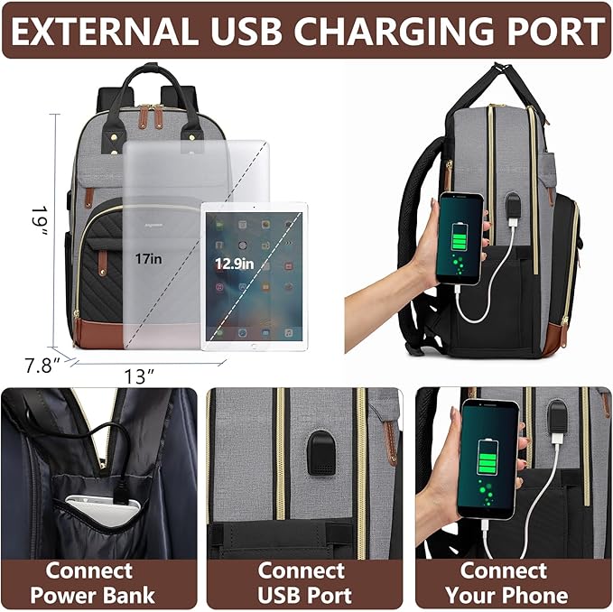 Laptop Backpack for Women Work Bag - Fits 17.3 Inch Laptop Bag Travel Work Backpack Anti-theft Bags with USB Charging Business Computer Waterproof Backpack Purse for Nurse Teacher Black Grey Brown