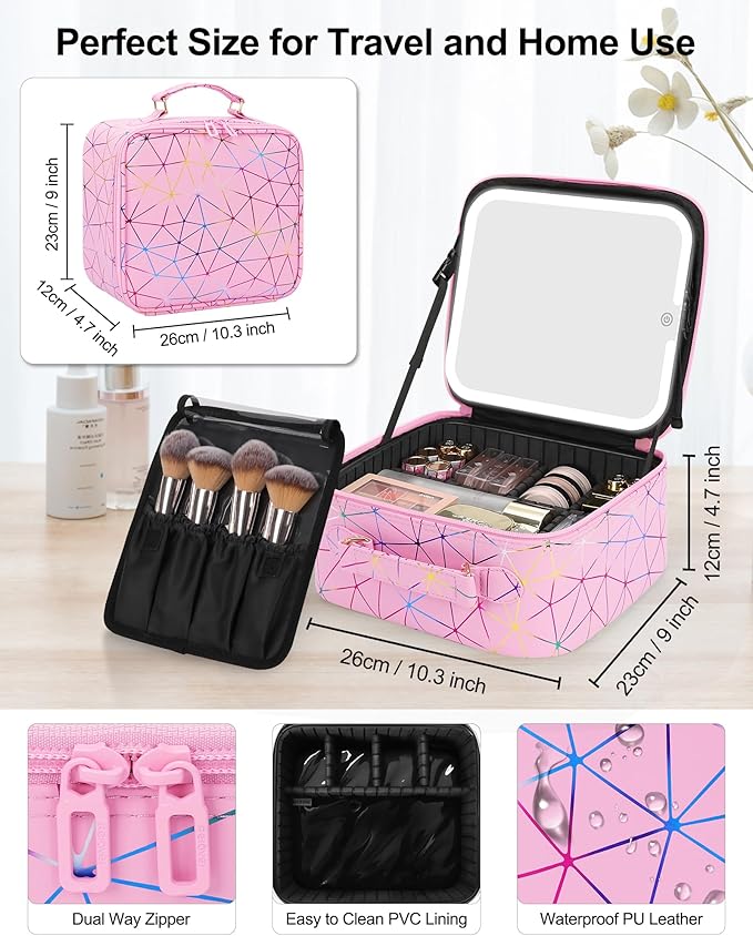 Relavel Travel Makeup Bag with LED Mirror, Portable Cosmetic Train Case with 3 Color Lighted Brightness Mirror, Makeup Artist Organizer Storage with Adjustable Dividers Make Up Box - Pink Strip