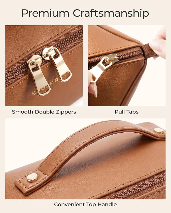 BAGSMART Makeup Bag Travel Cosmetic Bag, Large Make Up Bag Flat Open Toiletry Bag for Women, PU Leather Travel Essentials Organizer Case, Wide-open Pouch Purse for Skincare, Brushes, Cream Beige