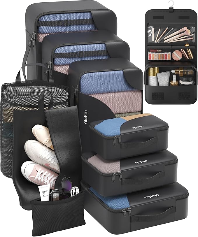 10 Set Packing Cubes for Travel, Gifts for Women Mom,Anti-Tearing Suitcase Organizer for Luggage with Shoe & Hanging Toiletry Bag,OlarHike Vacation Essentials & Accessories for Cruise Ship
