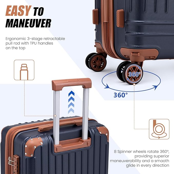 KUNEL Expandable 5 Piece Luggage Sets with Detachable Spinner Wheels and TSA Lock, Unisex Hardside ABS Suitcase Set, Hardshell Lightweight Waterproof Travel Hard Case Suitcases with Wheels, Darkblue