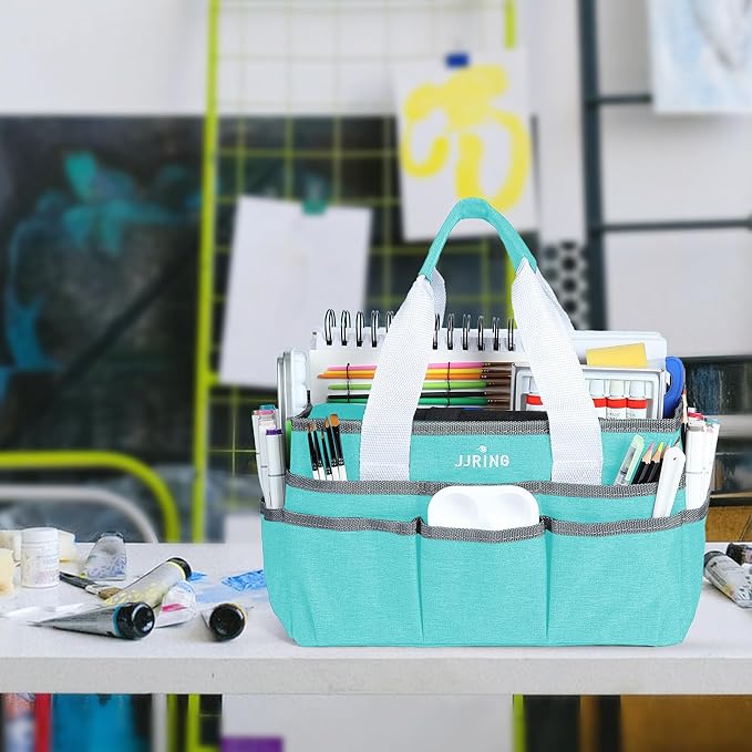JJRING Craft Organizer Tote Bag, Art Storage Caddy with Multiple Pockets, Sky Blue Sewing Bag for Art, Craft, Scrapbooking, School, Medical, and Office Supplies Storage