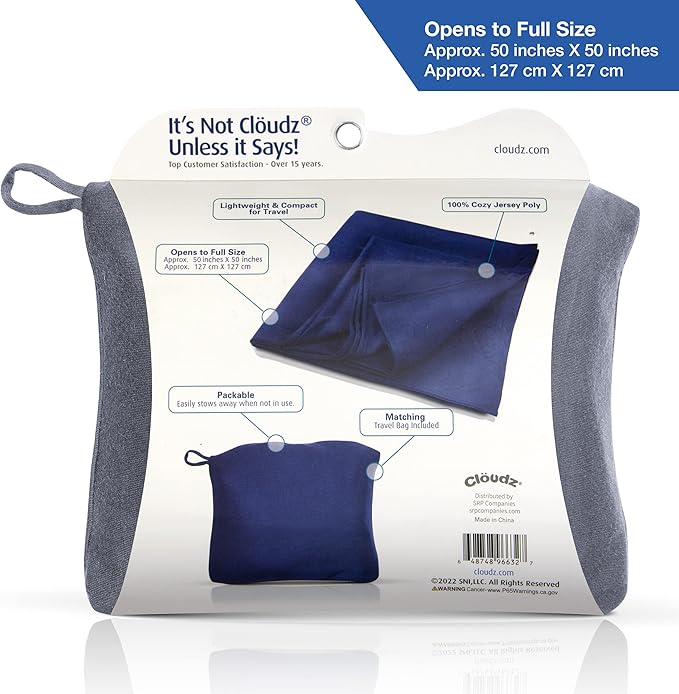 Cloudz Super Soft Jersey Airplane Travel Blanket for Your Flight, Car, Camping, Home or Comforting Warmth Anywhere! Large in Size at 50"x 50" and Includes a Bag! - Heather Grey