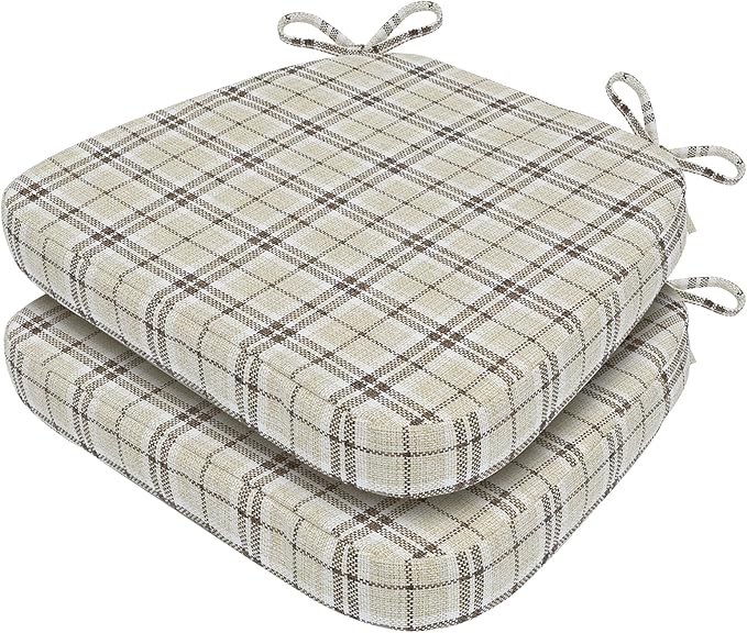 AAAAAcessories D-Shaped Chair Cushions, 2" Thick Dining Chair Pads with Ties and Removable, Machine-Washable Cover, 17" x 16", Set of 2, Yellow Checkered