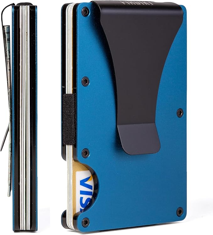 Carbon Fiber Minimalist Wallet for Men Credit Card Holder Money Clip & Cash Strap Slim RFID Mens Wallets(Matt Blue)