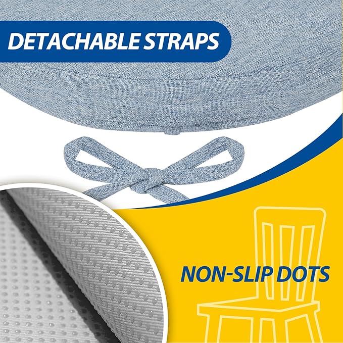 AAAAAcessories D-Shaped Chair Cushions, 2" Thick Dining Chair Pads with Ties and Removable, Machine-Washable Cover, 17" x 16", Set of 4, Light Blue