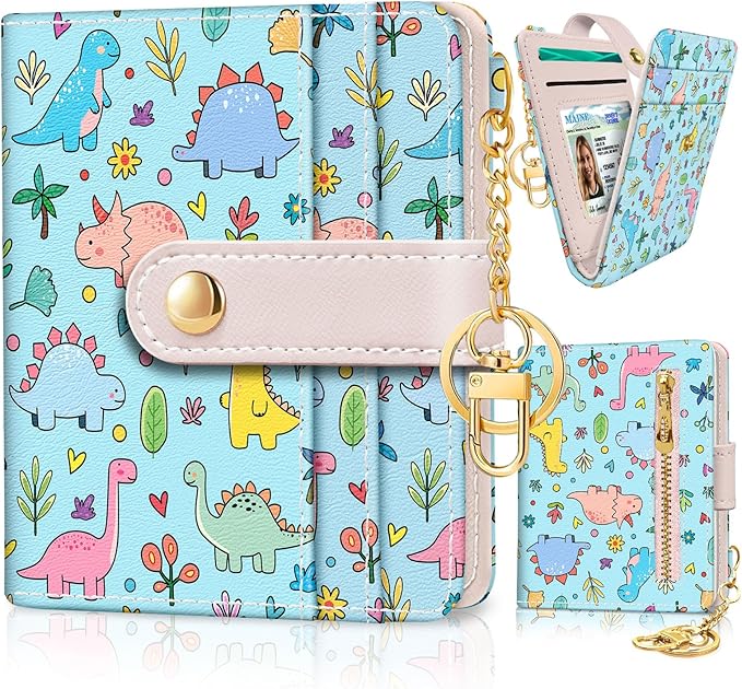 Jogjam Cute Dinosaur Rfid Girls Girly Teen Wallet, Small Slim Thin Compact Travel Credit Card Women Wallet, PU Leather Bifold Cash Zipper Coin Pocket ID Window for Female Ladies Gifts