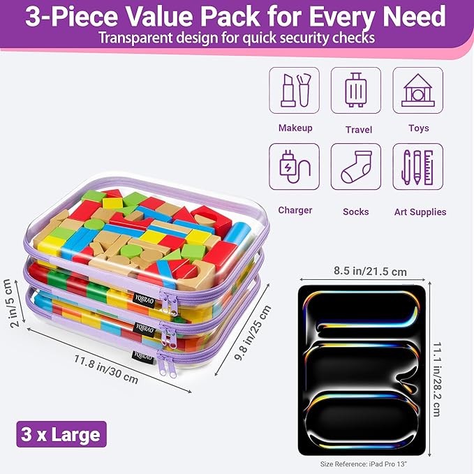 YQBRA 3 Pack Clear Hard Shell Zipper Case, See-Through Hard Plastic Organizer Pouches with Zipper for Travel, Toiletries, Makeup, Electronics & Pencils - Crush-Resistant Storage (L Purple)