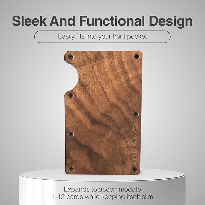 Hayvenhurst Wallet For Men - Reinvented Design Men's Wallet - Slim, Minimalistic & Seamless, Blocks RFID Scanners with a Cash Strap (Walnut Wood)