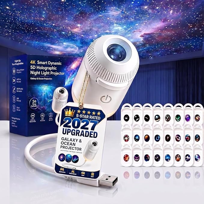 2027 Upgraded Hd Smart Dynamic 5d Holographic Night Light Projector, Plug and Play Hd Star Projector, 360° Adjustable Hd Galaxy and Ocean Projector for Bedroom Ceiling (24 Projection Films)