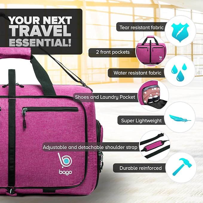 Bago Compact Duffle Bag for Travel Women & Men. Durable Lightweight Foldable Travel Duffel Bags For Traveling Women. 40L Duffle Bags a Reliable Weekender duffel or Overnight Bag With Shoe Compartment