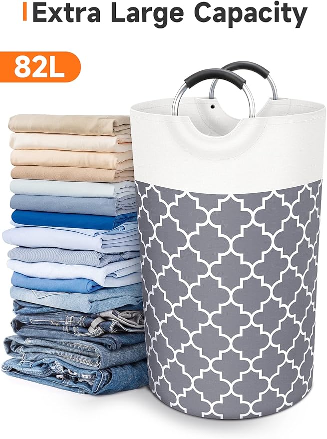 Large Laundry Basket Laundry Hamper Bag Washing Bin Clothes Bag Collapsible Tall with Handles Waterproof Travel Bathroom College Essentials Storage for College Dorm, Family (Grey) 82L